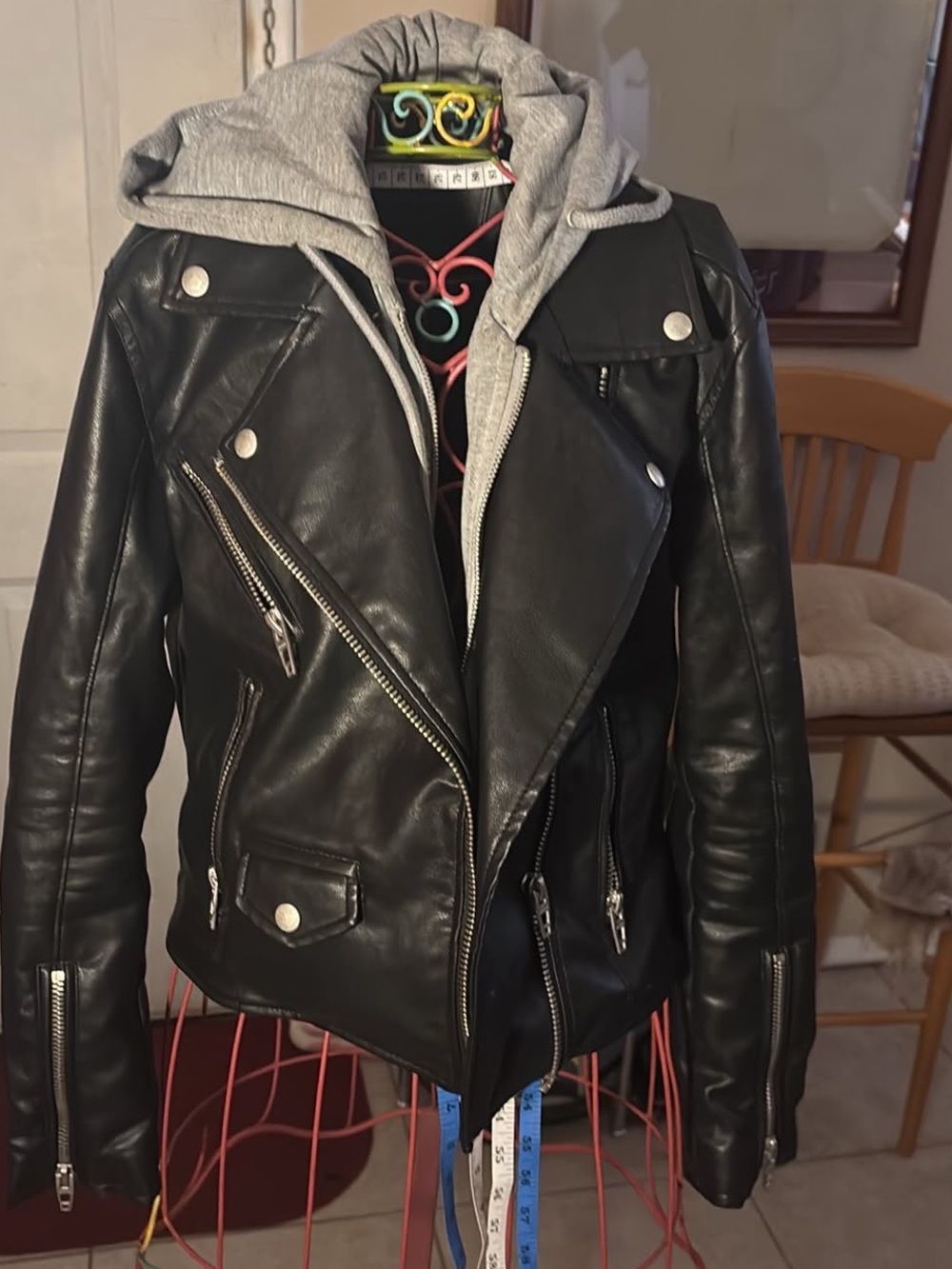 Blank NYC Black Faux Leather Moto Jacket with Gray Hood Insert
